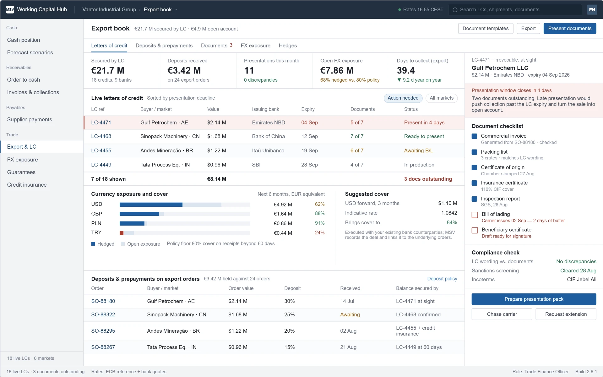 MSV Working Capital Hub export finance view with letters of credit and document status